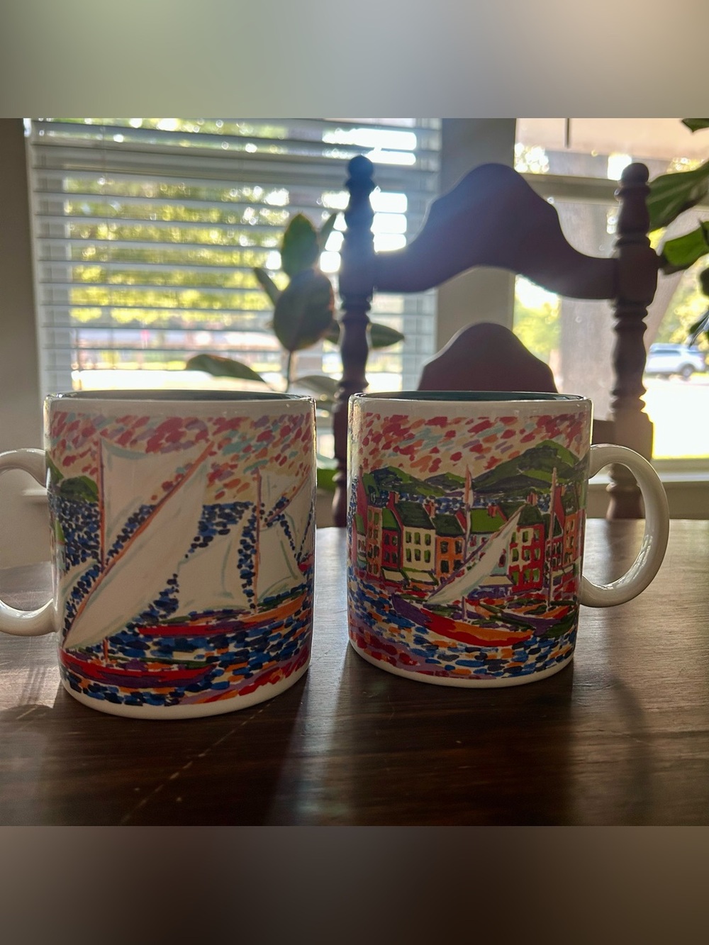 2-Century Stoneware Thailand A vibrant, multicolored shoreline -Sailboat Mugs